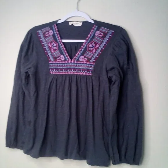 Lucky Brand Blouse Women S Long Sleeve Embroidery Boho Gray Pink - Picture 2 of 12